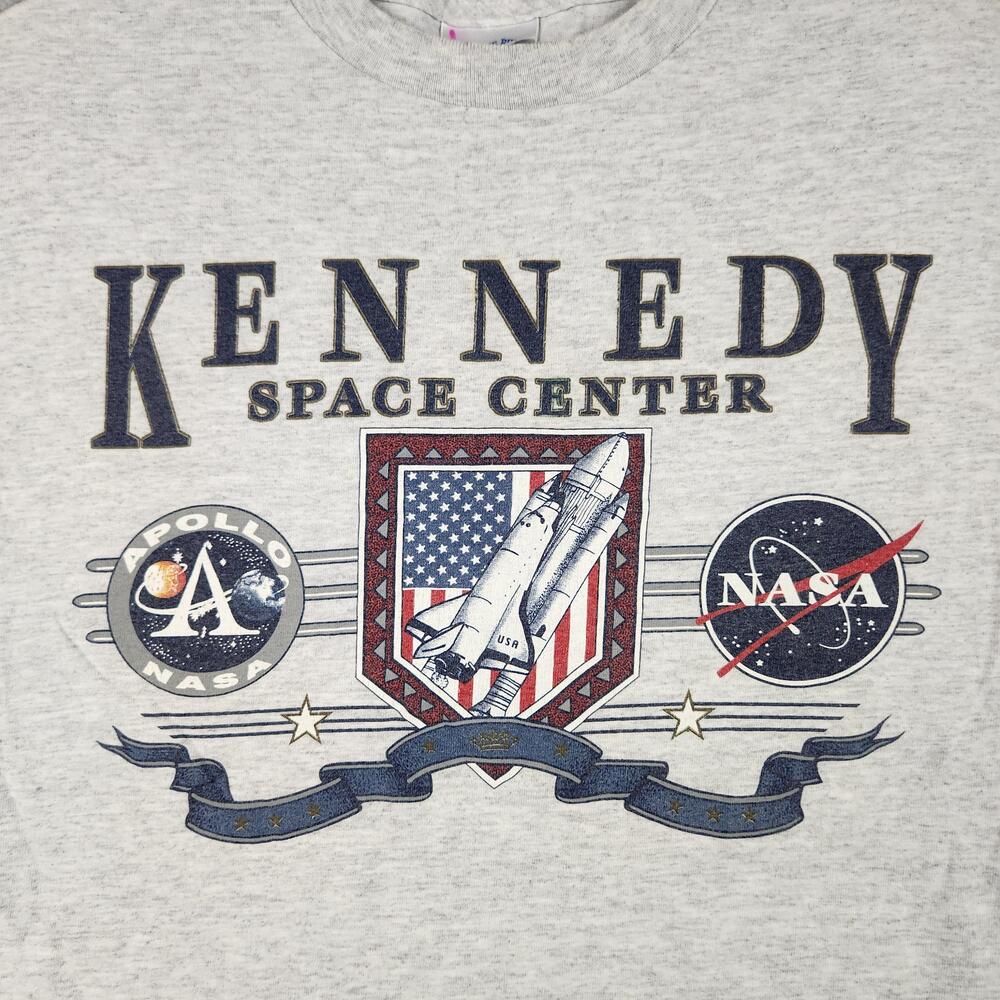 Vintage Kennedy Space Center Shirt Mens Medium Gray NASA Shuttle Apollo Seal Y2k